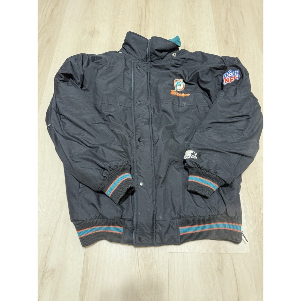 Vintage 90s Miami Dolphins Jacket Mens Small Black NFL Football Starter NO Hood